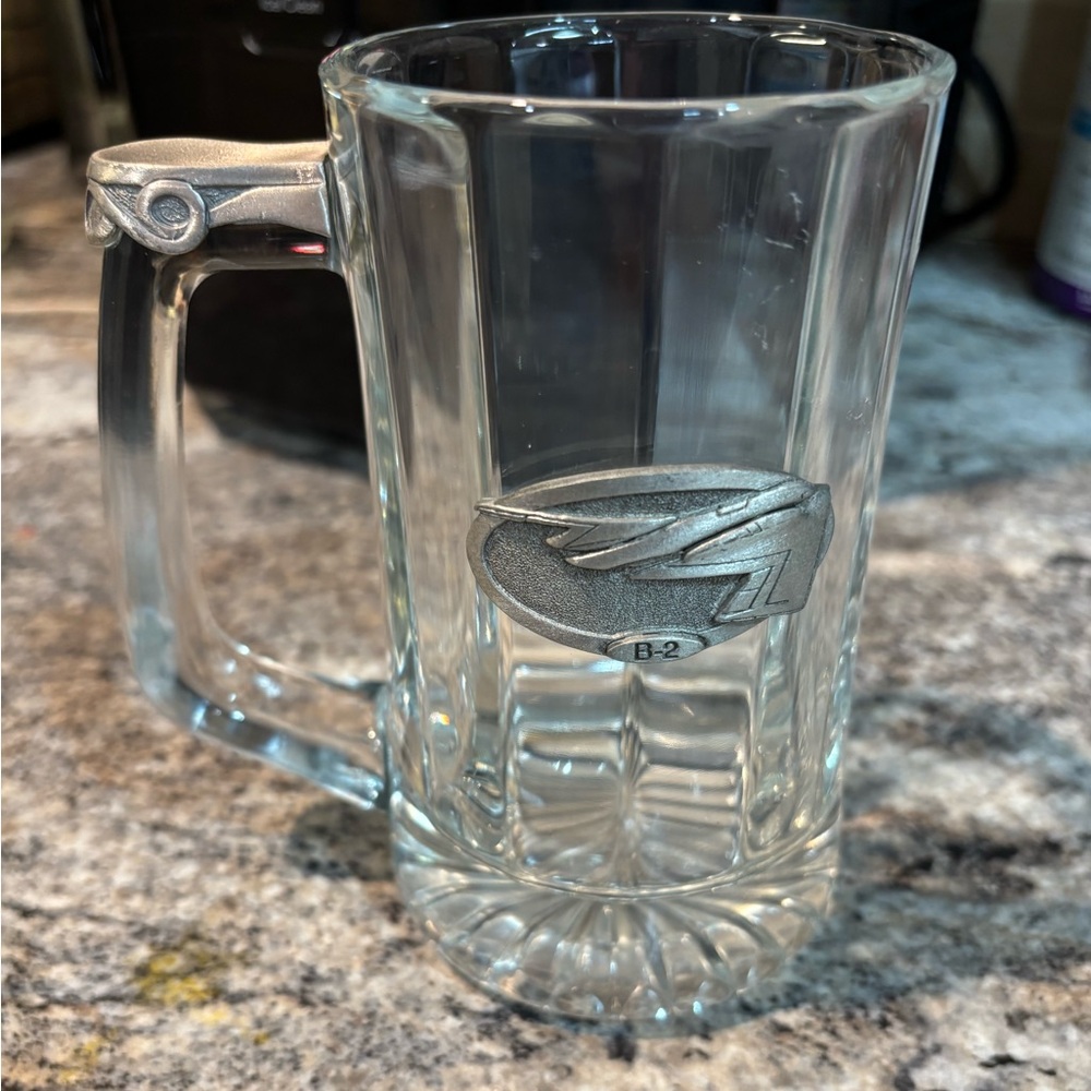 B2 Bomber Clear Glass Beer Mug with Silver Emblem and handle vintage